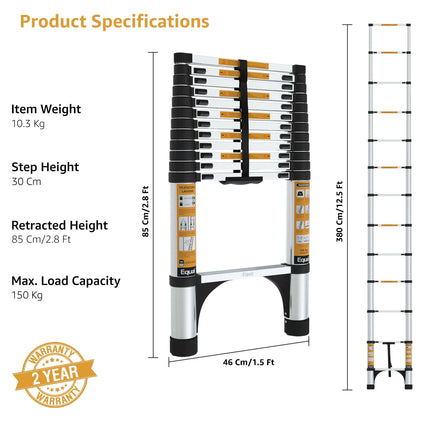 Equal 12.5 FT Aluminum Folding Telescopic Ladder with 2 Triangle Stabilizers | EN131 Certified with 2 Year Warranty | 150kg Max Capacity | Collapsible Ladder for Home or Outdoor Work (3.8m/13 Step)
