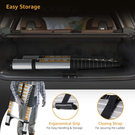 Equal 15 FT Aluminum Folding Telescopic Ladder with 2 Triangle Stabilizers | EN131 Certified with 2 Year Warranty | 150kg Max Capacity | Collapsible Ladder for Home or Outdoor Work (4.4m/15 Step)