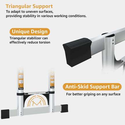 Equal 21.3 FT Aluminum Folding Telescopic Ladder with 2 Triangle Support & Stabilizers | EN131 Certified with 2 Year Warranty | 150kg Max Capacity | Ladder for Home or Outdoor Work (6.5m/16 Step)