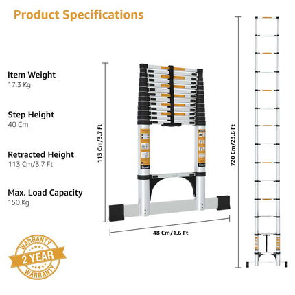 Equal 23.6 FT Aluminum Folding Telescopic Ladder with 2 Triangle Support & Stabilizers | EN131 Certified with 2 Year Warranty | 150kg Max Capacity | Ladder for Home or Outdoor Work (7.2m/16 Step)