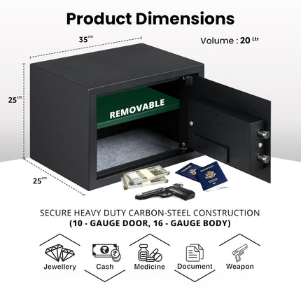 Equal 20L SecureLite Digital Safe Locker with Pincode Access and Emergency Key - Black