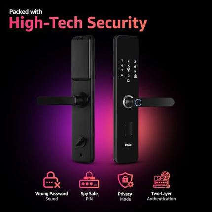 Equal Smart Door Lock A8 WiFi in Gloss Black: Fingerprint & 5 More Ways to Unlock; Wooden Door Compatible; 1-Year Warranty.