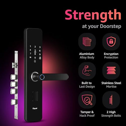 Equal Smart Door Lock A8 WiFi in Gloss Black: Fingerprint & 5 More Ways to Unlock; Wooden Door Compatible; 1-Year Warranty.