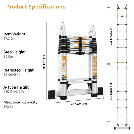 Equal 16.5 FT 2-IN-1 Aluminum Telescopic Ladder with 2 Triangle Support & Stabilizers | EN131 Certified with 2 Year Warranty | 150kg Max Capacity | Ladder for Home or Outdoor Work (5m/8+8 Step)